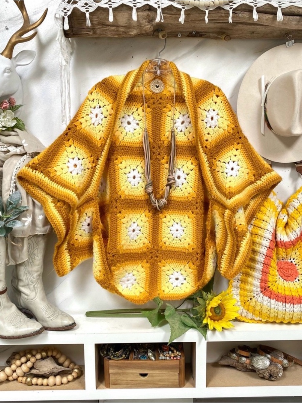 Boho Crochet Open-Front Cardigan Sweater in Yellow and Cream